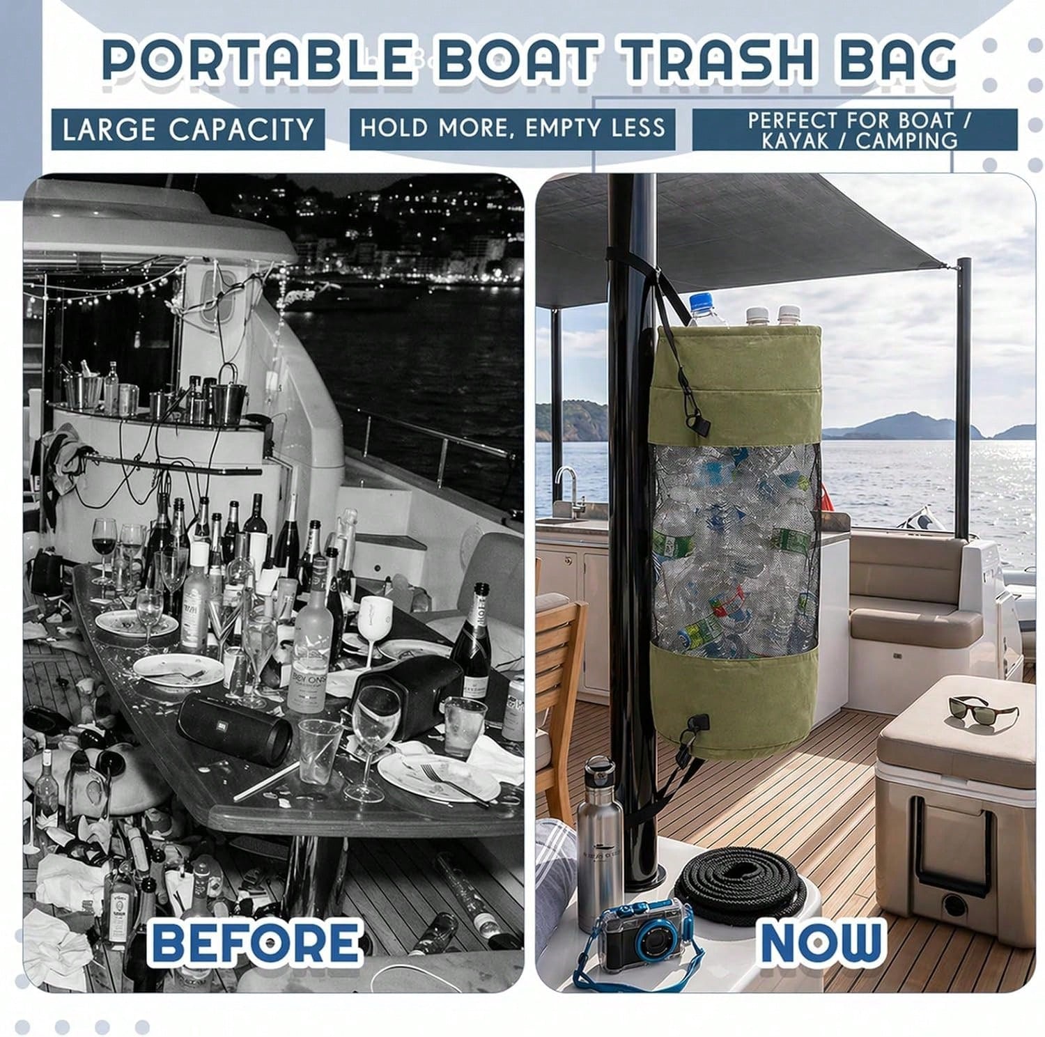 Gersoniel Portable Boat Trash Bags Boat Accessories Container Outdoor Medium Hoop Mesh Trash Bags Reusable Garbage Container Cabin Storage For Men