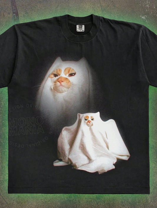 Ghost Kitten Comfort Shirt, Retro Halloween Cat Graphic Shirt, Funny Halloween Gift, Cat Halloween