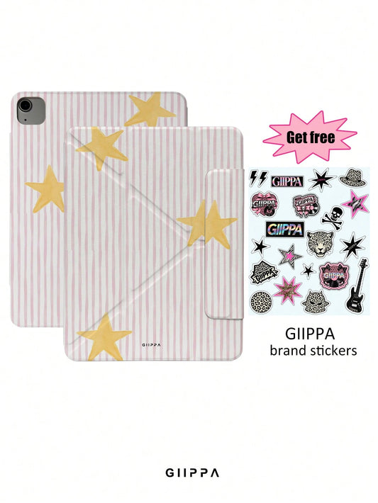 GIIPPA Striped Star Pattern Y-Fold Magnetic Tablet Protective Case, PU Leather Shell With Hard Acrylic Anti-Bend Back Plate, Pink Velvet Lining Anti-Scratch, Hidden Pencil Slot Shockproof Protective C