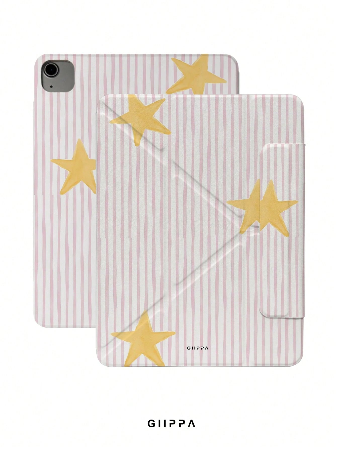 GIIPPA Striped Star Pattern Y-Fold Magnetic Tablet Protective Case, PU Leather Shell With Hard Acrylic Anti-Bend Back Plate, Pink Velvet Lining Anti-Scratch, Hidden Pencil Slot Shockproof Protective C