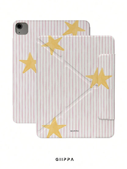 GIIPPA Striped Star Pattern Y-Fold Magnetic Tablet Protective Case, PU Leather Shell With Hard Acrylic Anti-Bend Back Plate, Pink Velvet Lining Anti-Scratch, Hidden Pencil Slot Shockproof Protective C