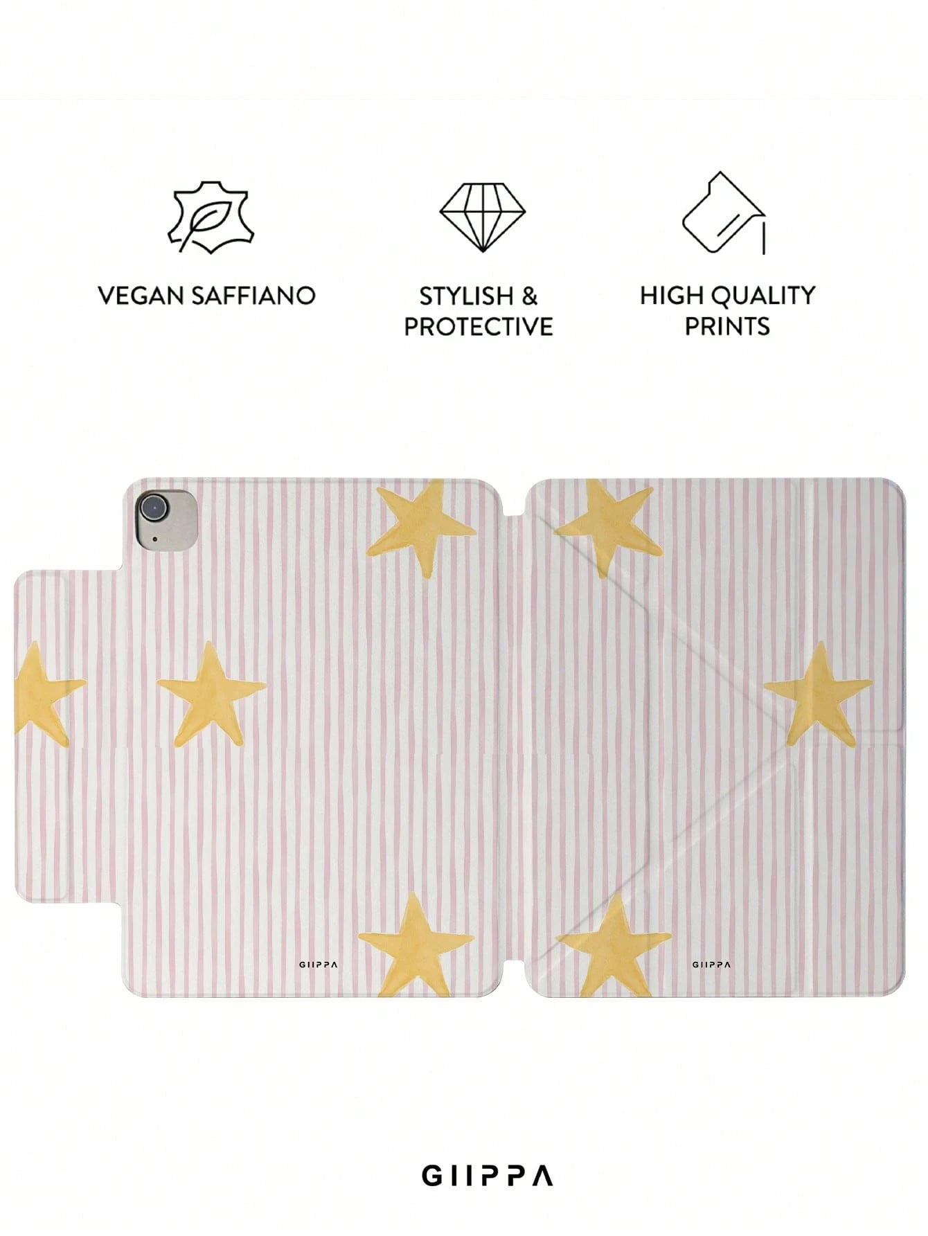 GIIPPA Striped Star Pattern Y-Fold Magnetic Tablet Protective Case, PU Leather Shell With Hard Acrylic Anti-Bend Back Plate, Pink Velvet Lining Anti-Scratch, Hidden Pencil Slot Shockproof Protective C