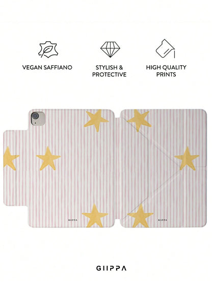 GIIPPA Striped Star Pattern Y-Fold Magnetic Tablet Protective Case, PU Leather Shell With Hard Acrylic Anti-Bend Back Plate, Pink Velvet Lining Anti-Scratch, Hidden Pencil Slot Shockproof Protective C