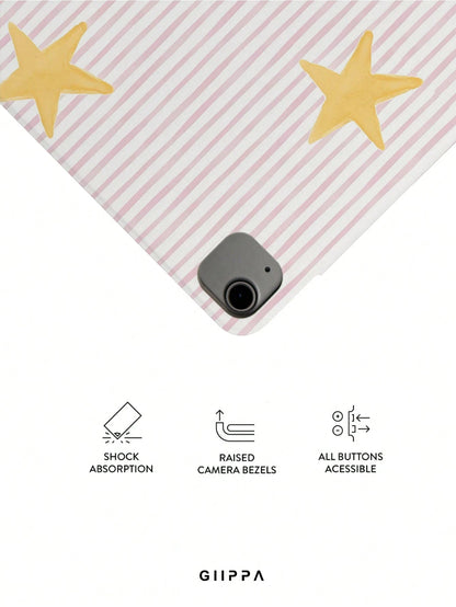 GIIPPA Striped Star Pattern Y-Fold Magnetic Tablet Protective Case, PU Leather Shell With Hard Acrylic Anti-Bend Back Plate, Pink Velvet Lining Anti-Scratch, Hidden Pencil Slot Shockproof Protective C