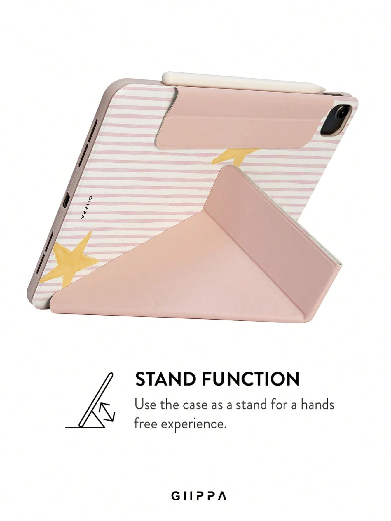GIIPPA Striped Star Pattern Y-Fold Magnetic Tablet Protective Case, PU Leather Shell With Hard Acrylic Anti-Bend Back Plate, Pink Velvet Lining Anti-Scratch, Hidden Pencil Slot Shockproof Protective C