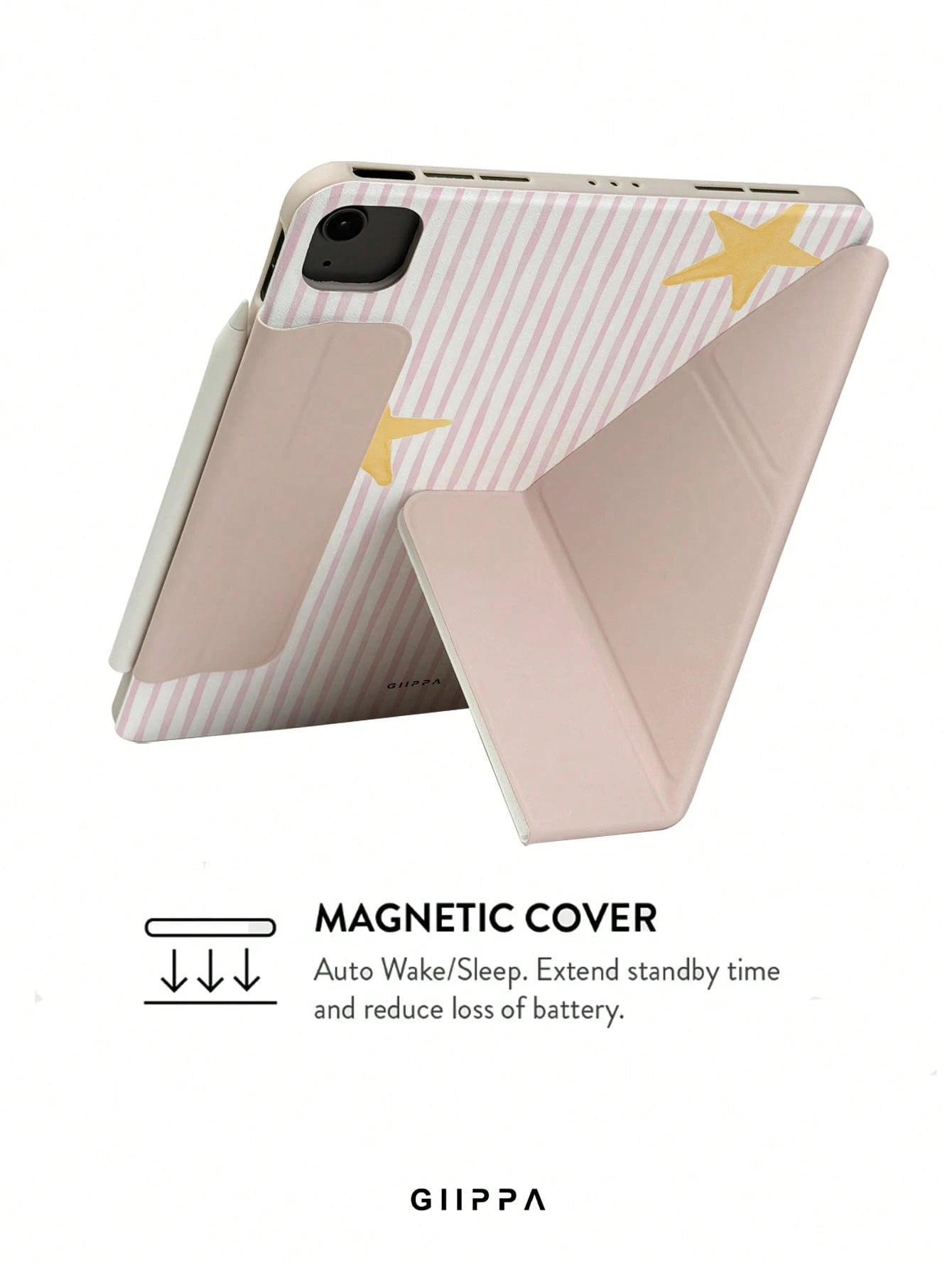 GIIPPA Striped Star Pattern Y-Fold Magnetic Tablet Protective Case, PU Leather Shell With Hard Acrylic Anti-Bend Back Plate, Pink Velvet Lining Anti-Scratch, Hidden Pencil Slot Shockproof Protective C