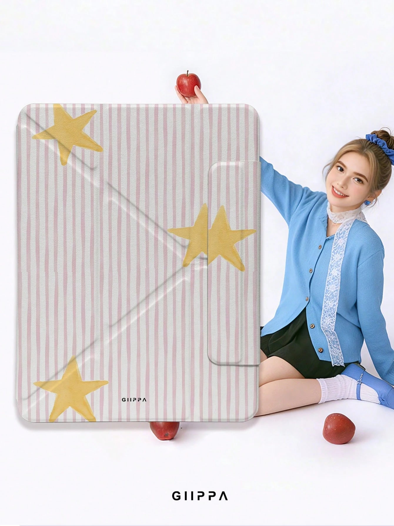 GIIPPA Striped Star Pattern Y-Fold Magnetic Tablet Protective Case, PU Leather Shell With Hard Acrylic Anti-Bend Back Plate, Pink Velvet Lining Anti-Scratch, Hidden Pencil Slot Shockproof Protective C