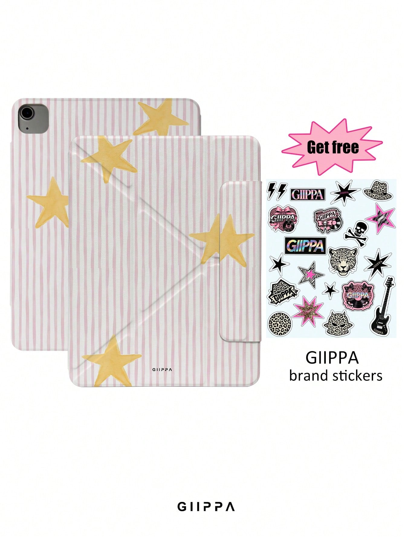 GIIPPA Striped Star Pattern Y-Fold Magnetic Tablet Protective Case, PU Leather Shell With Hard Acrylic Anti-Bend Back Plate, Pink Velvet Lining Anti-Scratch, Hidden Pencil Slot Shockproof Protective C