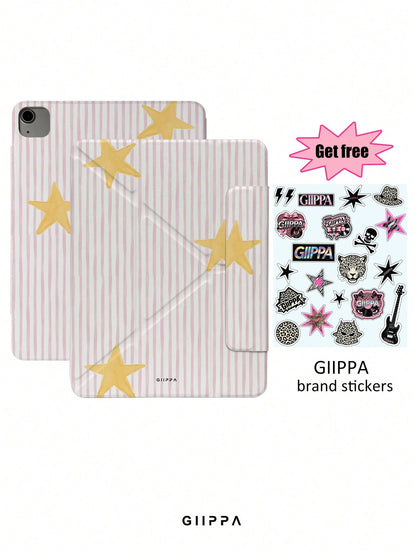 GIIPPA Striped Star Pattern Y-Fold Magnetic Tablet Protective Case, PU Leather Shell With Hard Acrylic Anti-Bend Back Plate, Pink Velvet Lining Anti-Scratch, Hidden Pencil Slot Shockproof Protective C