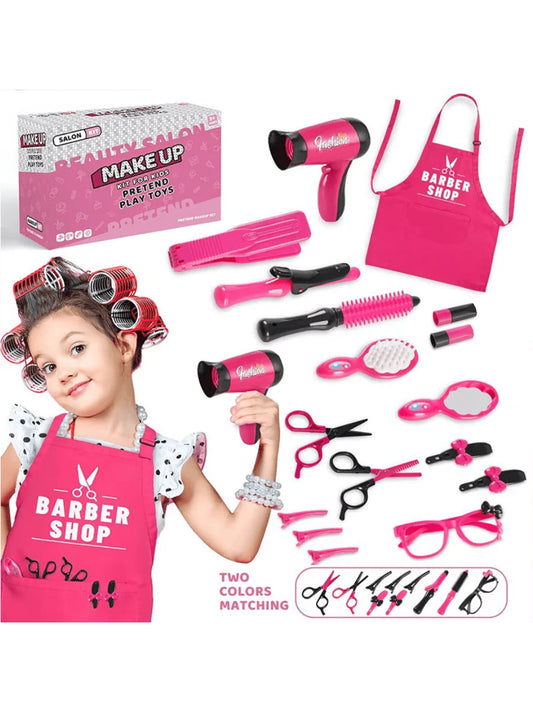 Girls Beauty Salon Pretend Play Set, Includes Hair Dryer Toy, Scissors, Haircutting Apron And Styling Accessories