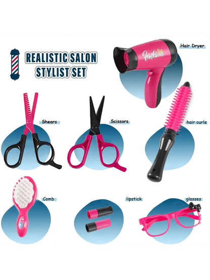 Girls Beauty Salon Pretend Play Set, Includes Hair Dryer Toy, Scissors, Haircutting Apron And Styling Accessories
