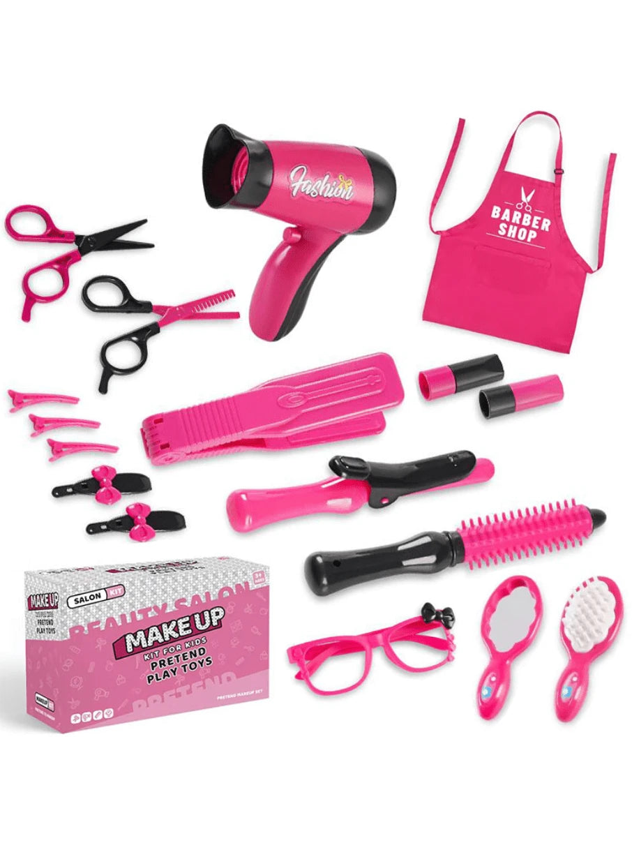 Girls Beauty Salon Pretend Play Set, Includes Hair Dryer Toy, Scissors, Haircutting Apron And Styling Accessories
