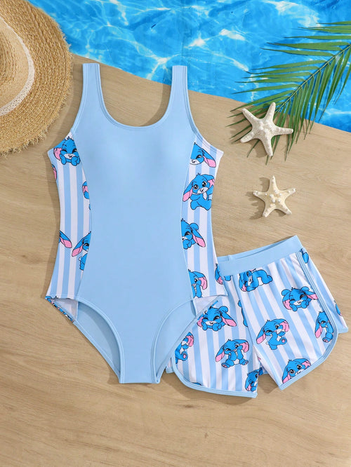 Girls' Coconut Tree Print Patchwork Solid Color One-Piece Swimsuit With Cute Rabbit Print Shorts, Suitable For Summer, Surfing, Beach, Vacation, Swimming Pool