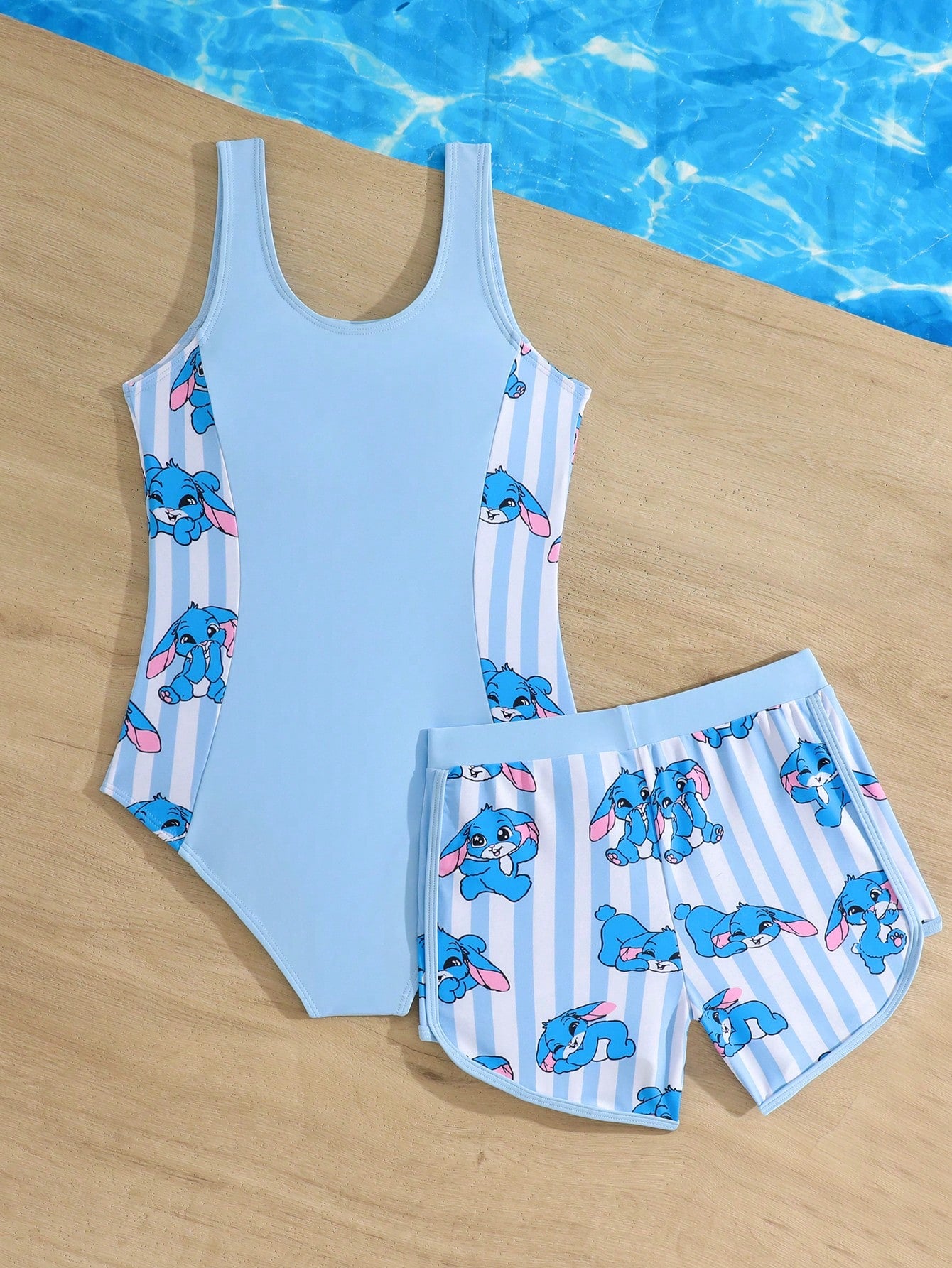 Girls' Coconut Tree Print Patchwork Solid Color One-Piece Swimsuit With Cute Rabbit Print Shorts, Suitable For Summer, Surfing, Beach, Vacation, Swimming Pool