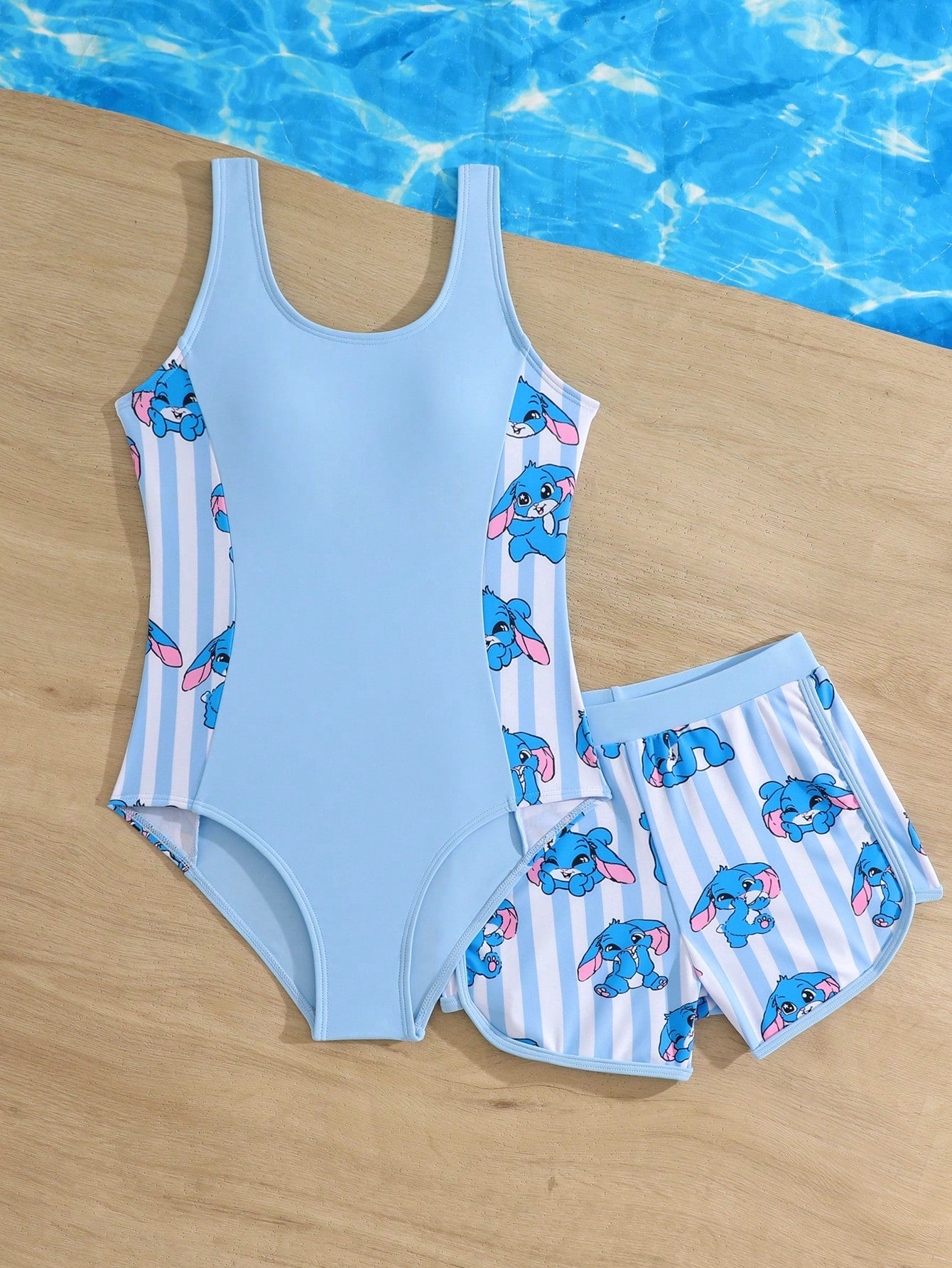 Girls' Coconut Tree Print Patchwork Solid Color One-Piece Swimsuit With Cute Rabbit Print Shorts, Suitable For Summer, Surfing, Beach, Vacation, Swimming Pool