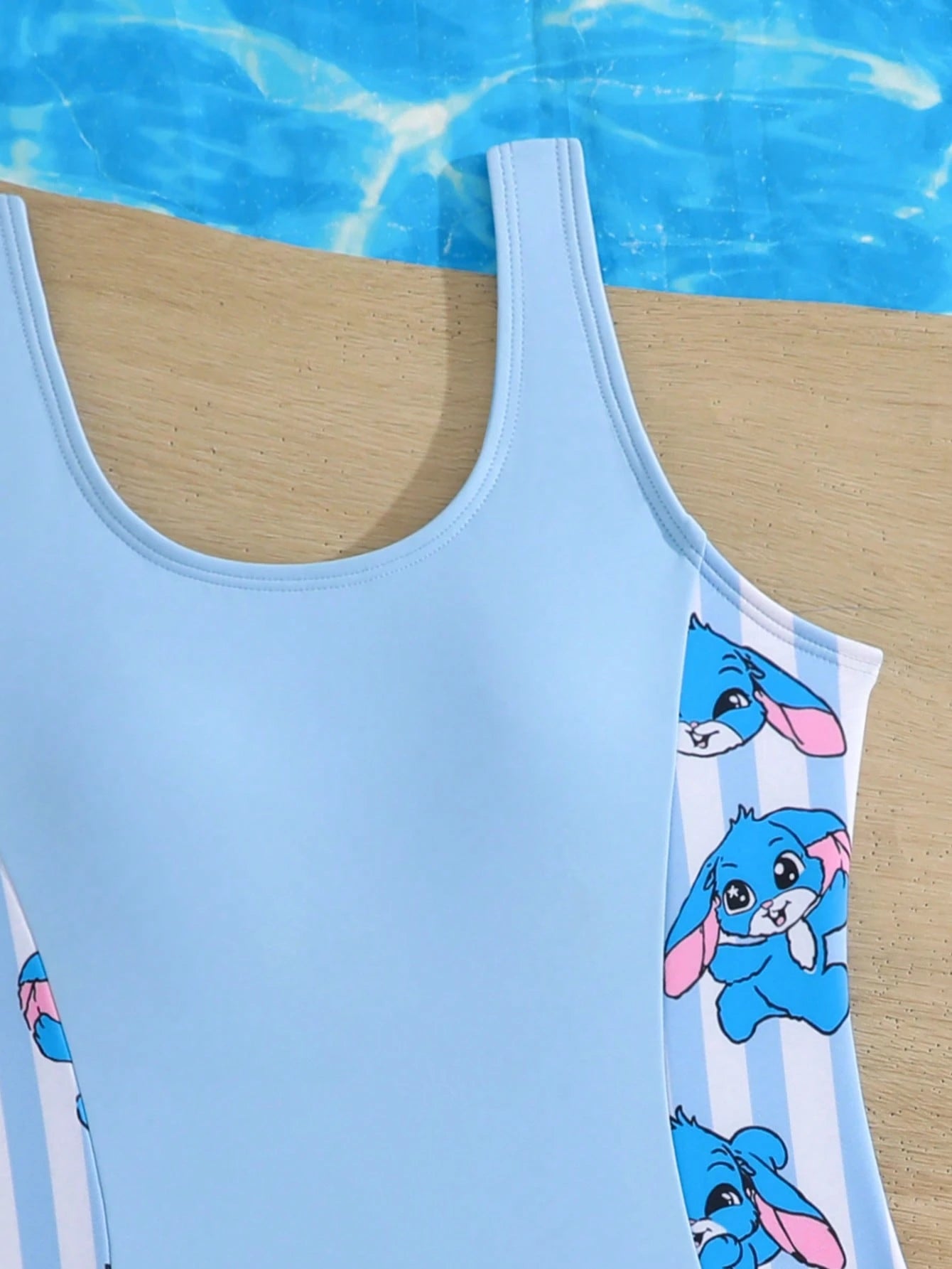Girls' Coconut Tree Print Patchwork Solid Color One-Piece Swimsuit With Cute Rabbit Print Shorts, Suitable For Summer, Surfing, Beach, Vacation, Swimming Pool
