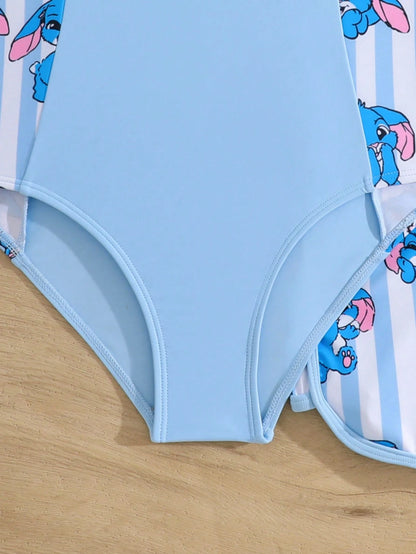 Girls' Coconut Tree Print Patchwork Solid Color One-Piece Swimsuit With Cute Rabbit Print Shorts, Suitable For Summer, Surfing, Beach, Vacation, Swimming Pool