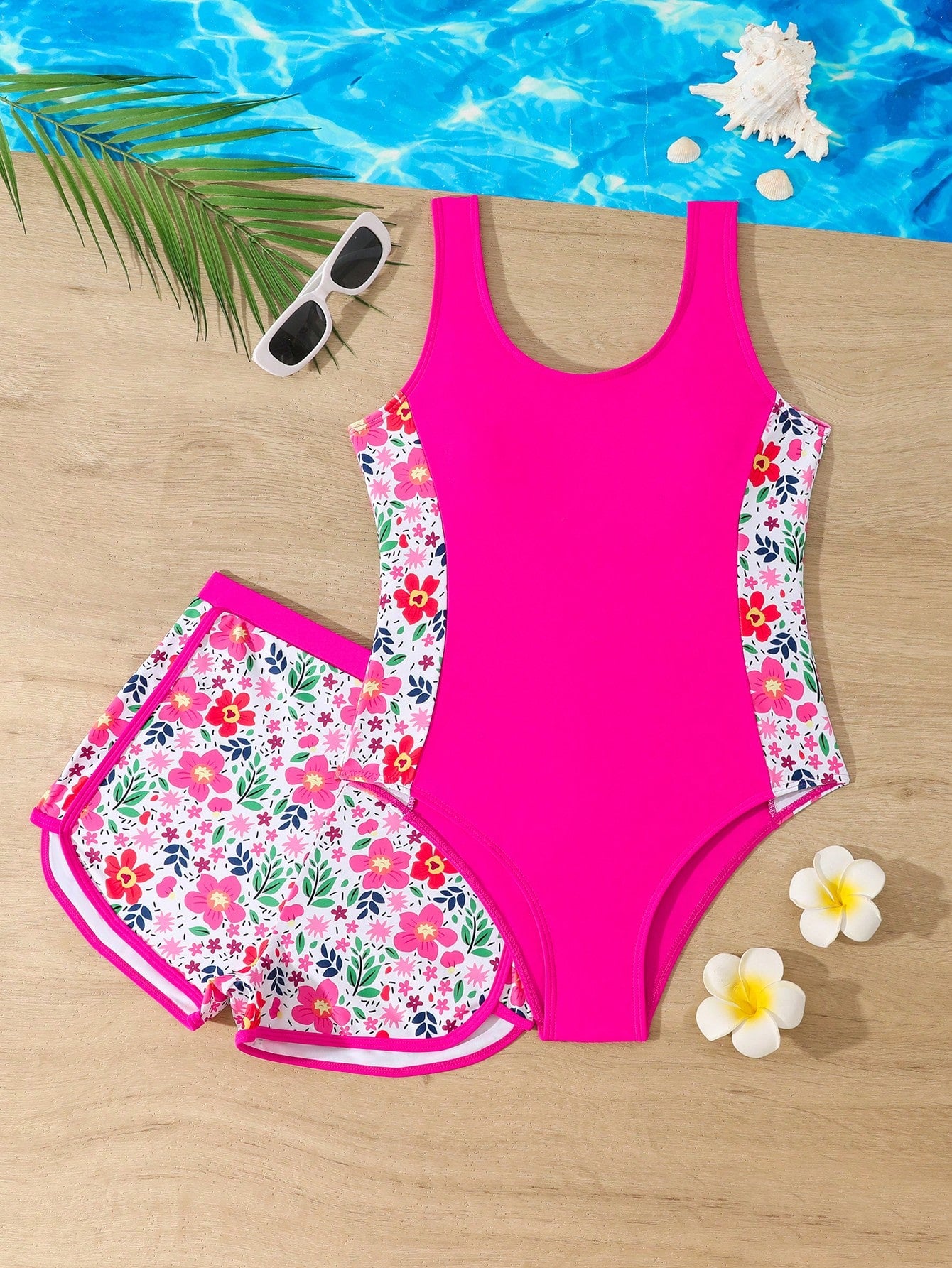 Girls' Coconut Tree Print Patchwork Solid Color One-Piece Swimsuit With Cute Rabbit Print Shorts, Suitable For Summer, Surfing, Beach, Vacation, Swimming Pool
