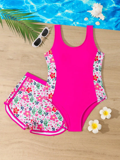 Girls' Coconut Tree Print Patchwork Solid Color One-Piece Swimsuit With Cute Rabbit Print Shorts, Suitable For Summer, Surfing, Beach, Vacation, Swimming Pool
