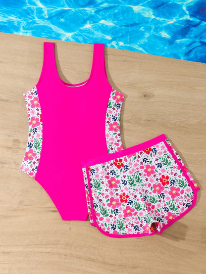 Girls' Coconut Tree Print Patchwork Solid Color One-Piece Swimsuit With Cute Rabbit Print Shorts, Suitable For Summer, Surfing, Beach, Vacation, Swimming Pool