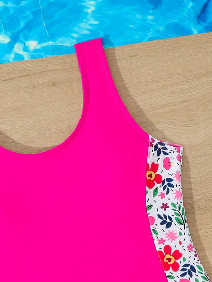 Girls' Coconut Tree Print Patchwork Solid Color One-Piece Swimsuit With Cute Rabbit Print Shorts, Suitable For Summer, Surfing, Beach, Vacation, Swimming Pool