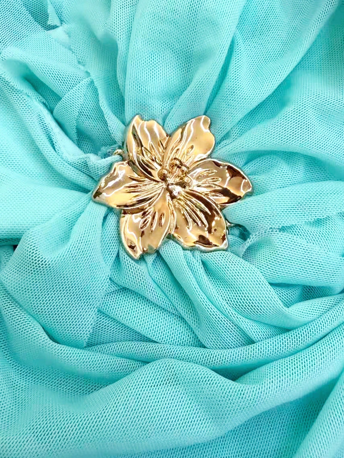 Glamine Aqua Blue, Summer, Elegant, Holiday, Vacation, Holiday Mint Green Sheer Mesh Halter Neck Backless Crop Top, Metal Flower Decor, Asymmetric Hem, Beach Party