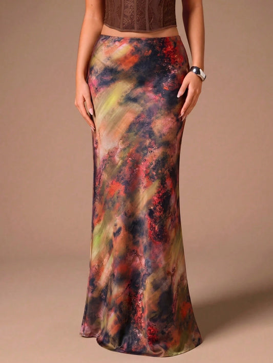 Glamine Elegant Versatile A-Line Long Skirt For Women, Satin Printed Skirt, Summer Apparel, Slim Fit Fashion Skirt
