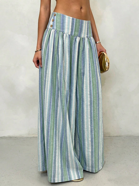 Glamine Vintage Pink Striped Woven Low Waist Wide Leg Culottes, Draping Slimming Casual Women's Long Pants, Suitable For Daily Commute, Beach Vacation, Shopping With Friends, Party Wear