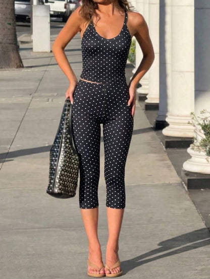GLAMSKIN Women's Summer/Autumn Basic Polka Dot Spaghetti Strap 2-Piece Set Loungewear, Slim Fit Camisole Top + Cropped Leggings, Back To School, Outing, Daily, Streetwear