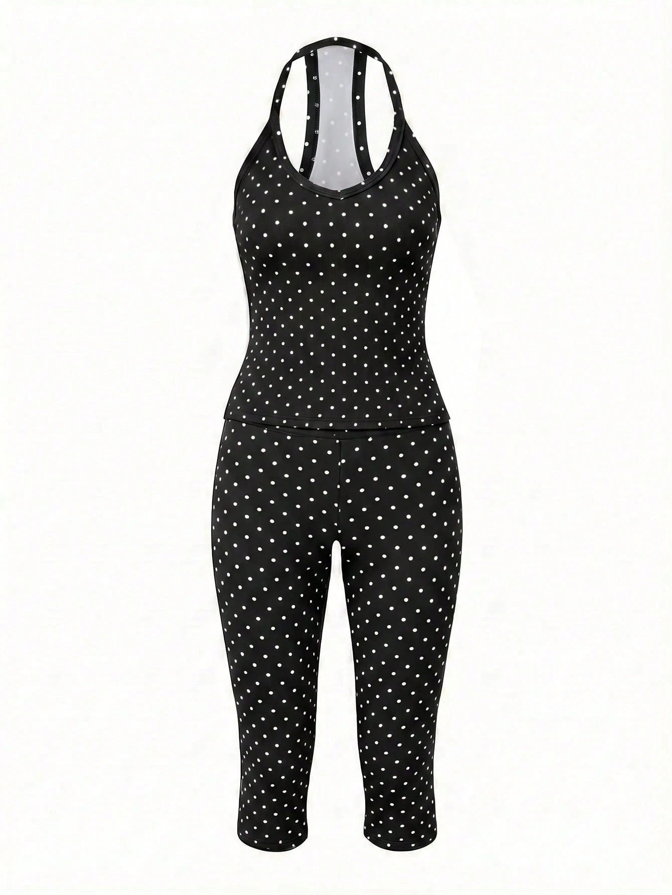 GLAMSKIN Women's Summer/Autumn Basic Polka Dot Spaghetti Strap 2-Piece Set Loungewear, Slim Fit Camisole Top + Cropped Leggings, Back To School, Outing, Daily, Streetwear