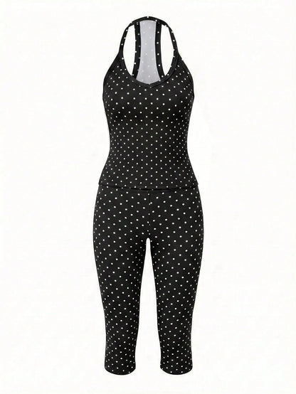 GLAMSKIN Women's Summer/Autumn Basic Polka Dot Spaghetti Strap 2-Piece Set Loungewear, Slim Fit Camisole Top + Cropped Leggings, Back To School, Outing, Daily, Streetwear
