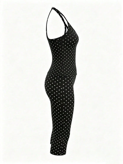 GLAMSKIN Women's Summer/Autumn Basic Polka Dot Spaghetti Strap 2-Piece Set Loungewear, Slim Fit Camisole Top + Cropped Leggings, Back To School, Outing, Daily, Streetwear