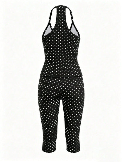 GLAMSKIN Women's Summer/Autumn Basic Polka Dot Spaghetti Strap 2-Piece Set Loungewear, Slim Fit Camisole Top + Cropped Leggings, Back To School, Outing, Daily, Streetwear