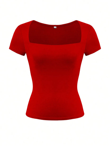 GLAMSKIN Women's Summer/Autumn Basic Solid Color Square Neck Short Sleeve Cropped T-Shirt, Y2K Sexy Slim Fit Casual Top, Back To School, Outing, Daily Streetwear