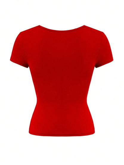 GLAMSKIN Women's Summer/Autumn Basic Solid Color Square Neck Short Sleeve Cropped T-Shirt, Y2K Sexy Slim Fit Casual Top, Back To School, Outing, Daily Streetwear