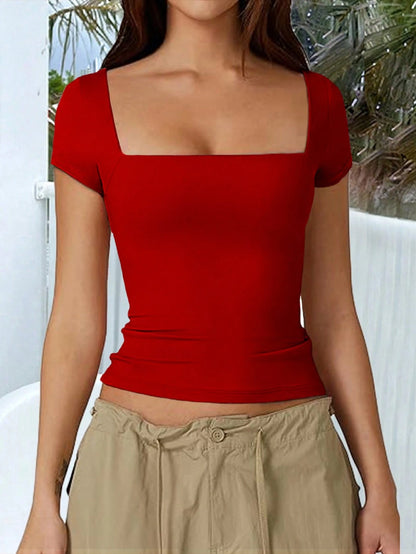 GLAMSKIN Women's Summer/Autumn Basic Solid Color Square Neck Short Sleeve Cropped T-Shirt, Y2K Sexy Slim Fit Casual Top, Back To School, Outing, Daily Streetwear