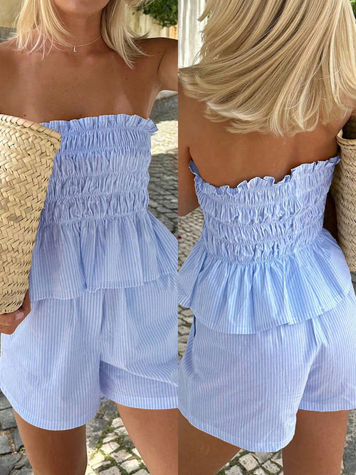 GLAMSKIN Women's Summer Hawaiian Bohemian Style Beach Vacation 2 Pieces Set, Striped Ruffle Trim Casual Bandeau Top With Shorts, Perfect For Date Outfits
