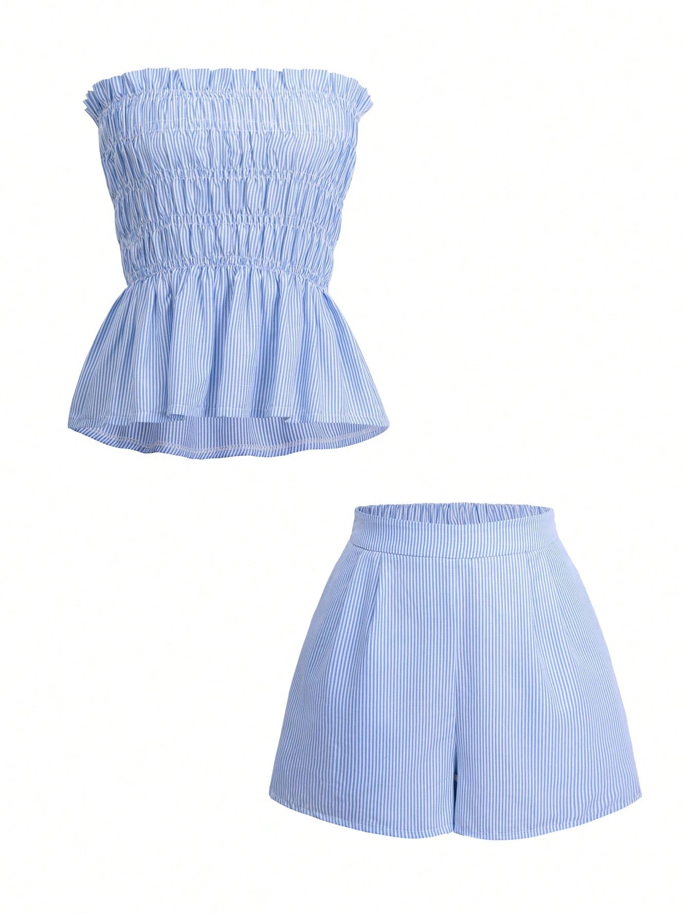 GLAMSKIN Women's Summer Hawaiian Bohemian Style Beach Vacation 2 Pieces Set, Striped Ruffle Trim Casual Bandeau Top With Shorts, Perfect For Date Outfits