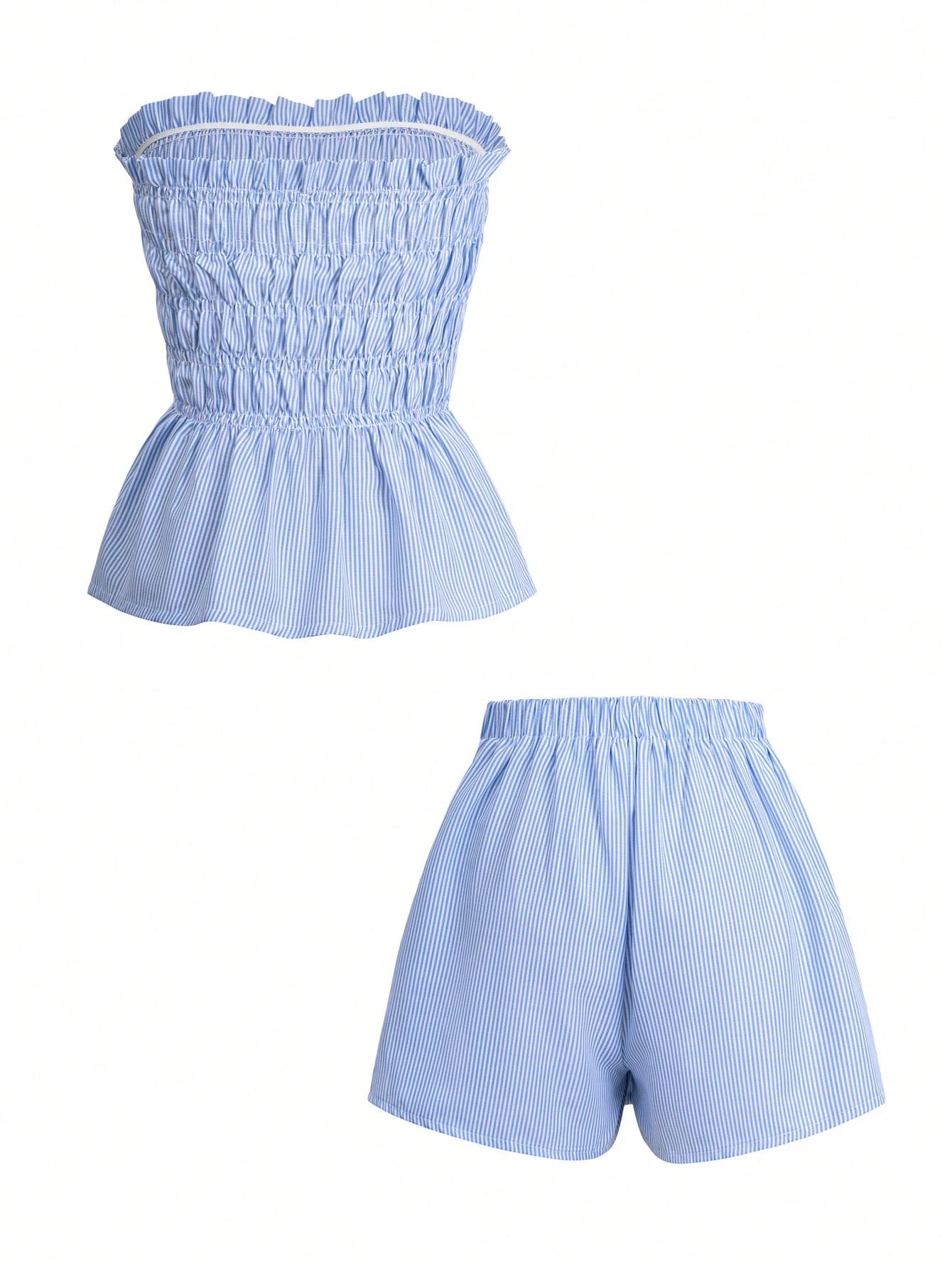GLAMSKIN Women's Summer Hawaiian Bohemian Style Beach Vacation 2 Pieces Set, Striped Ruffle Trim Casual Bandeau Top With Shorts, Perfect For Date Outfits