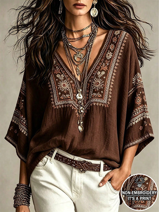Glimmora Bohemian Faux Embroidery Floral Print Women's Blouse, Loose V-Neck Batwing 3/4 Sleeve Flattering Top, Casual Vacation Travel Shirt For Countryside And Beach