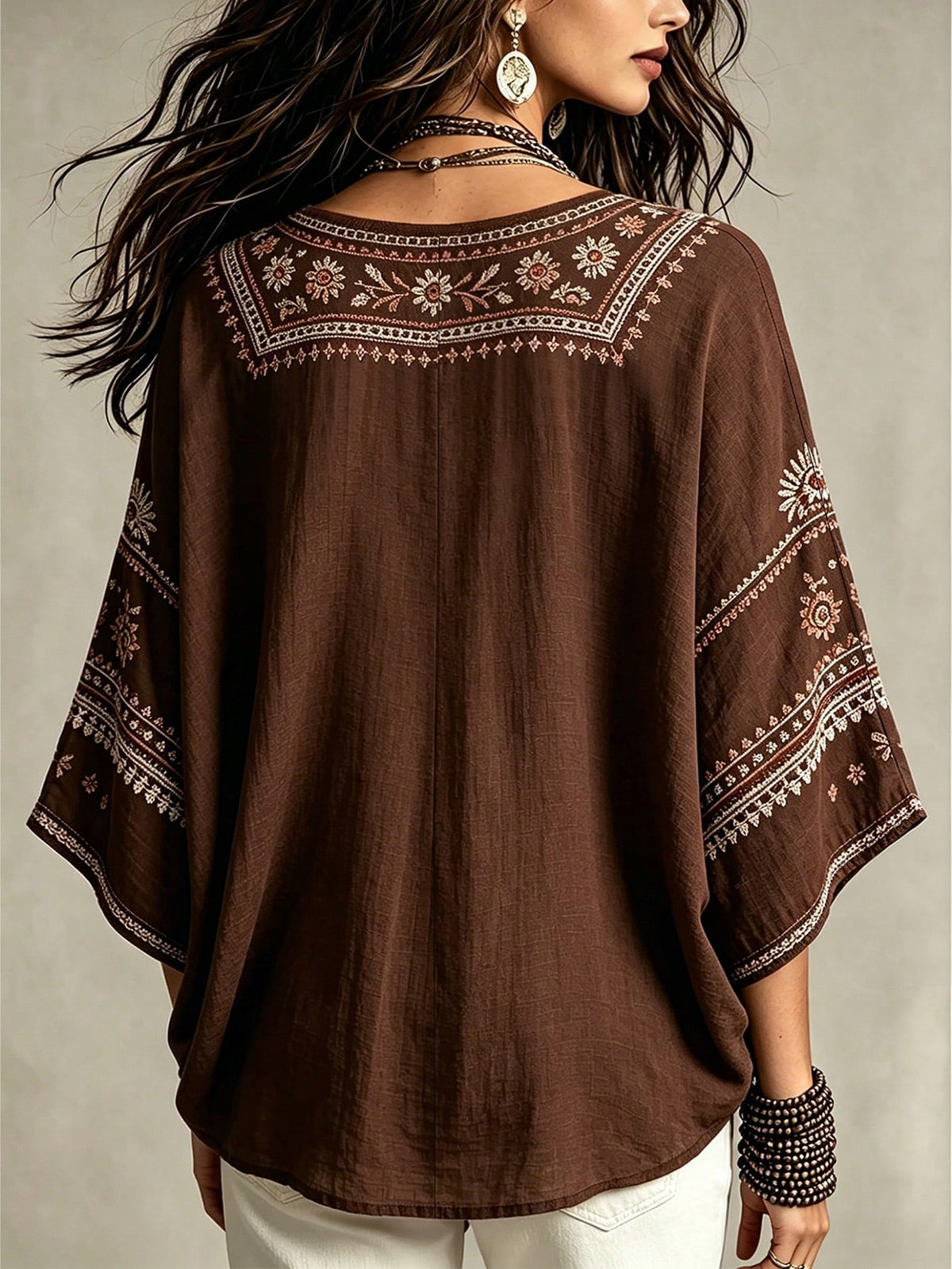 Glimmora Bohemian Faux Embroidery Floral Print Women's Blouse, Loose V-Neck Batwing 3/4 Sleeve Flattering Top, Casual Vacation Travel Shirt For Countryside And Beach
