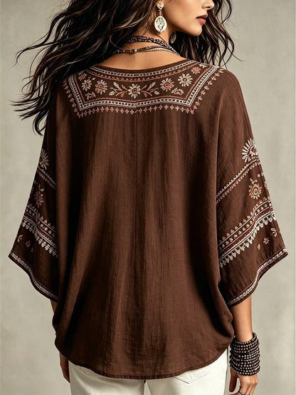 Glimmora Bohemian Faux Embroidery Floral Print Women's Blouse, Loose V-Neck Batwing 3/4 Sleeve Flattering Top, Casual Vacation Travel Shirt For Countryside And Beach