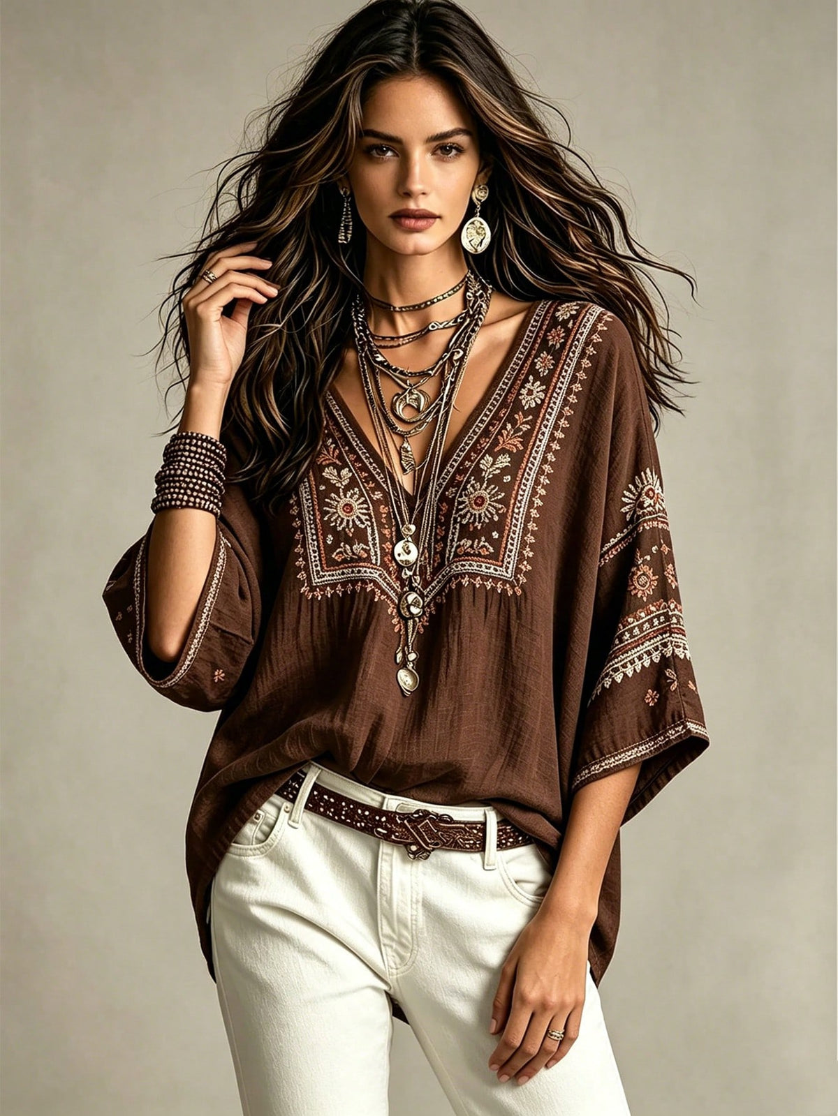 Glimmora Bohemian Faux Embroidery Floral Print Women's Blouse, Loose V-Neck Batwing 3/4 Sleeve Flattering Top, Casual Vacation Travel Shirt For Countryside And Beach