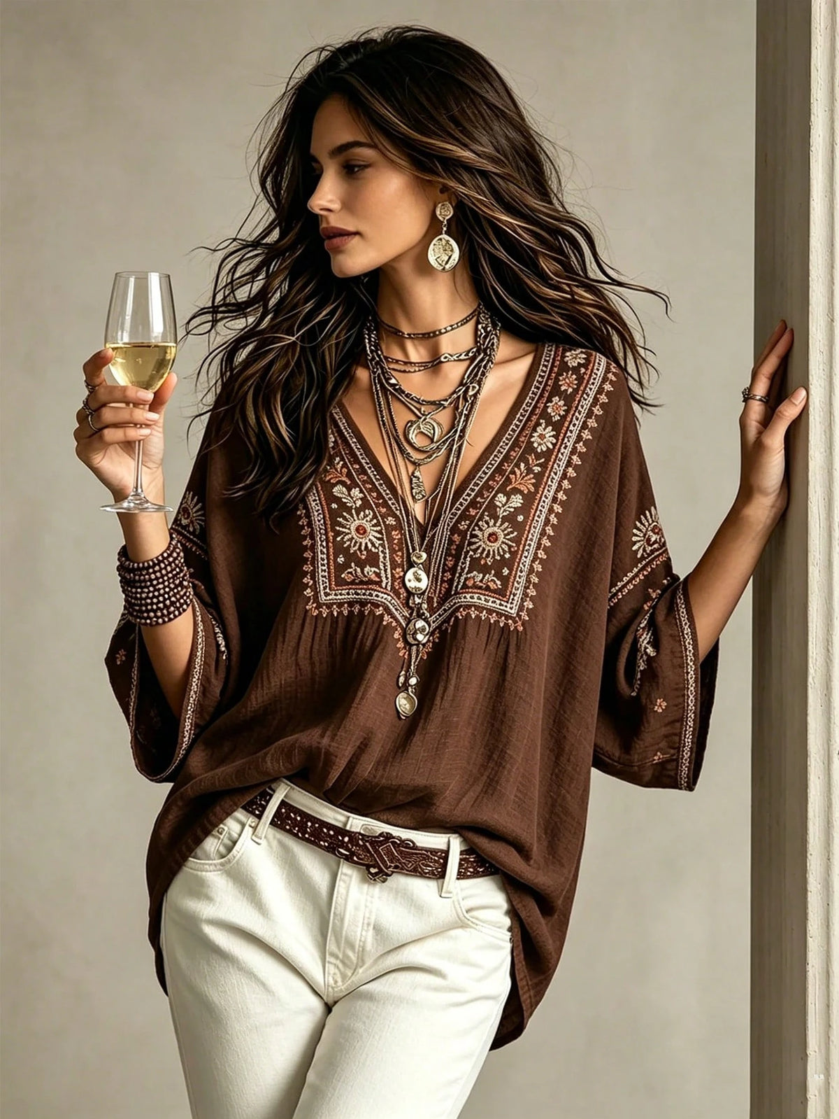 Glimmora Bohemian Faux Embroidery Floral Print Women's Blouse, Loose V-Neck Batwing 3/4 Sleeve Flattering Top, Casual Vacation Travel Shirt For Countryside And Beach