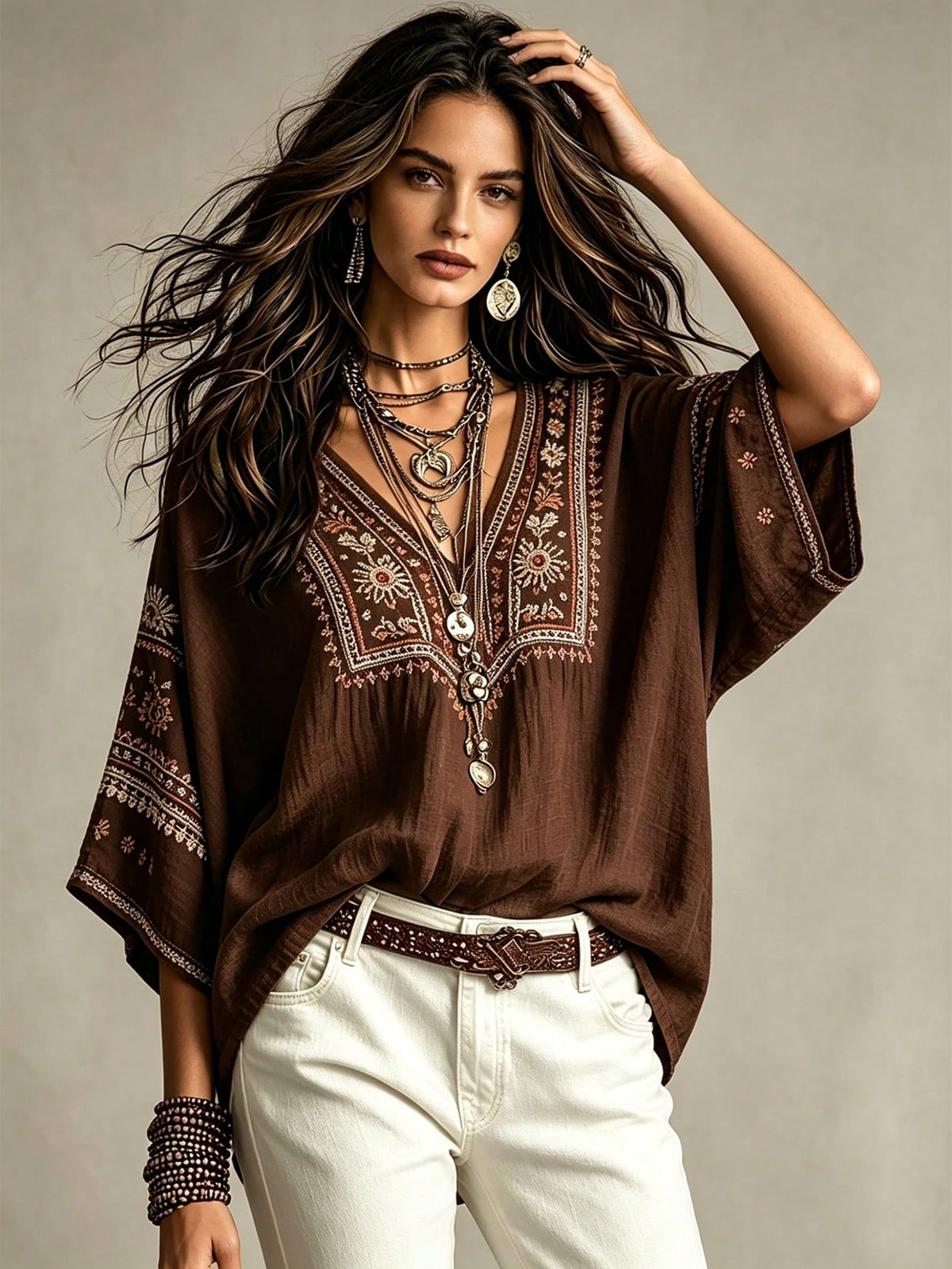 Glimmora Bohemian Faux Embroidery Floral Print Women's Blouse, Loose V-Neck Batwing 3/4 Sleeve Flattering Top, Casual Vacation Travel Shirt For Countryside And Beach
