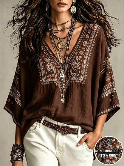 Glimmora Bohemian Faux Embroidery Floral Print Women's Blouse, Loose V-Neck Batwing 3/4 Sleeve Flattering Top, Casual Vacation Travel Shirt For Countryside And Beach