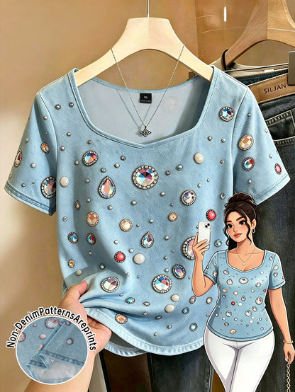 GlowEve CURVE Plus Size Casual Stretch Short Sleeve Black & White Contrast Color Commute Daily T-Shirt, Spring/Summer