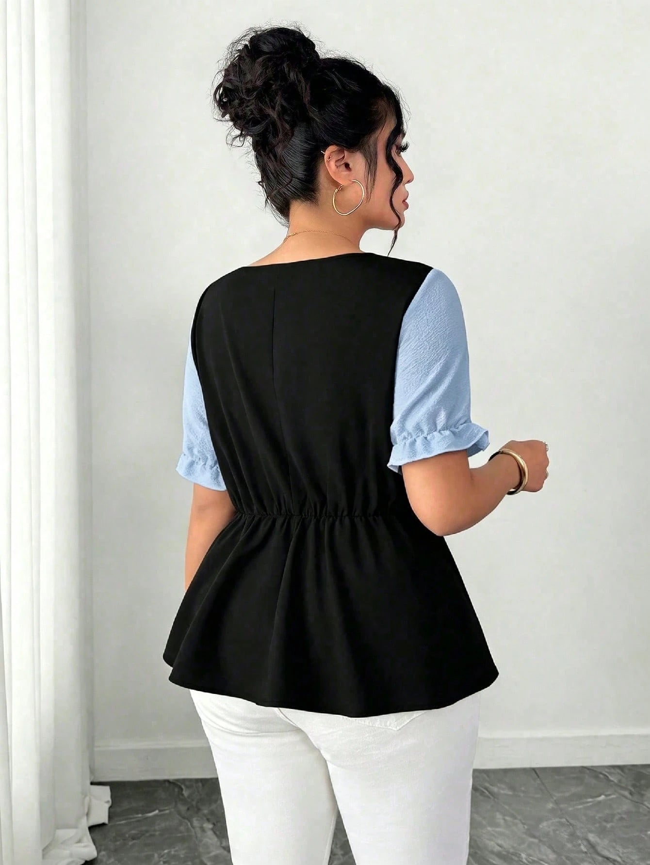 GlowEve CURVE Plus Size Women's Patchwork Bubble Crinkle Short Sleeve Blouse, French Elegant Lady Commuter Daily Wear