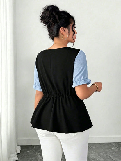 GlowEve CURVE Plus Size Women's Patchwork Bubble Crinkle Short Sleeve Blouse, French Elegant Lady Commuter Daily Wear
