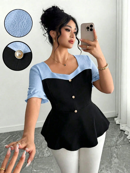 GlowEve CURVE Plus Size Women's Patchwork Bubble Crinkle Short Sleeve Blouse, French Elegant Lady Commuter Daily Wear